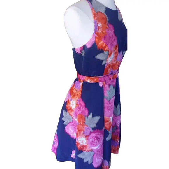 Eliza J Floral Mini Halter Dress Sz 6 Navy Pink Belted Fit In Flare Pockets - Picture 2 of 14